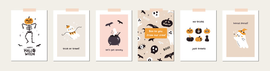 Set of happy Halloween cards design. Cute kawaii ghost, pumpkin and skeleton party poster template background. Scary spooky horror characters banner holiday invitation. Vector flat illustration 