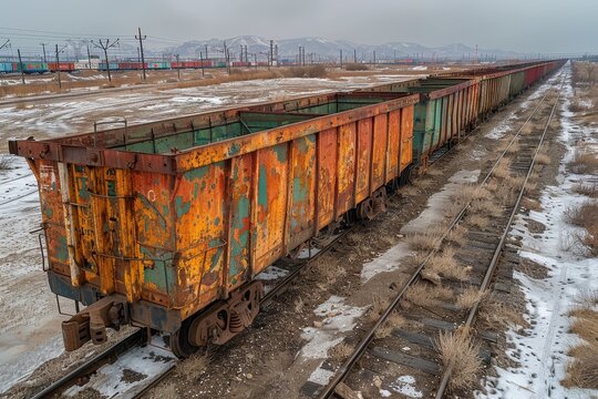 Rustic freight train cars on parallel tracks  a capture of industrial landscape and heritage
