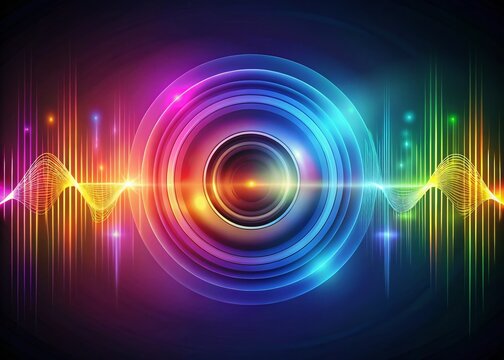 Vibrant abstract sound waves swirl across a dark gradient background, creating a dynamic and modern visual