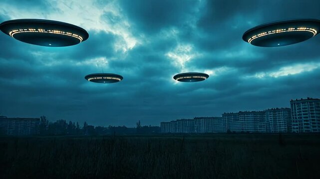 Four large UFOs hovering over a cityscape with cloudy skies, evoking themes of alien invasion and sci-fi