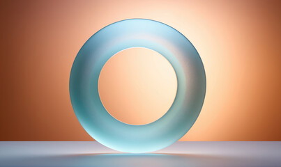 Obraz premium A blue glass ring sits on a white surface against an orange background