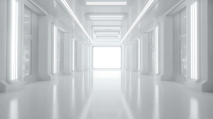 Obraz premium A futuristic, bright white hallway with glowing lights and doorways.
