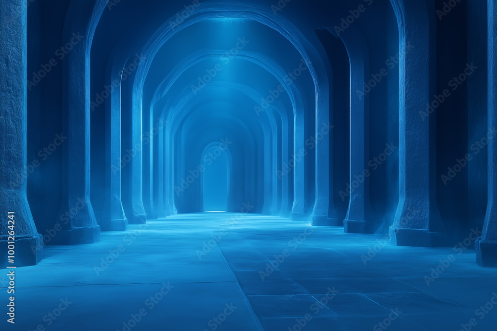 Poster mysterious blue-lit corridor with arches and soft illumination in a mystical setting