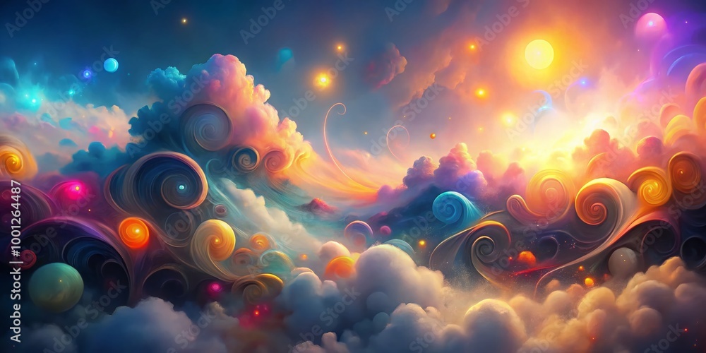 Poster vibrant abstract swirls of colorful clouds, misty fog, and subtle bokeh lights create a mesmerizing,