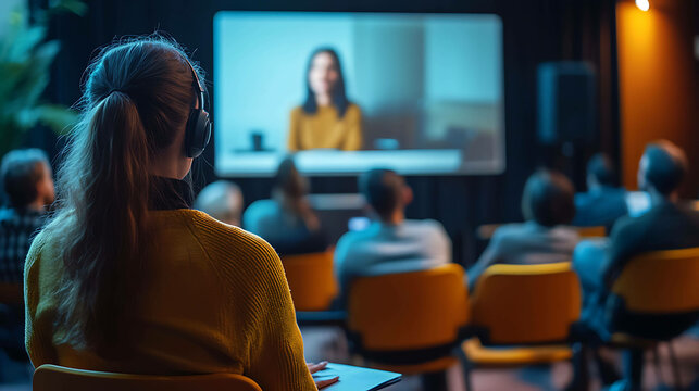 A young woman in a yellow sweater sits in a lecture hall, wearing headphones, watching a video on a large screen.