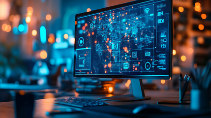 A modern desktop computer with a blue screen showing a network map.
