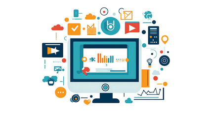 Flat design illustration of a computer screen with colorful icons related to technology and social media.