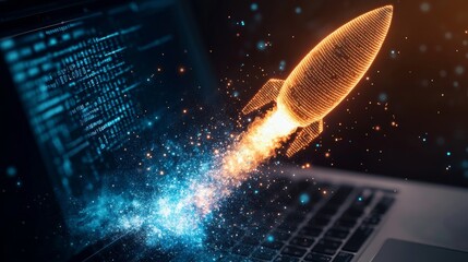 A glowing rocket is launching from a laptop, symbolizing digital innovation and rapid advancement in technology.