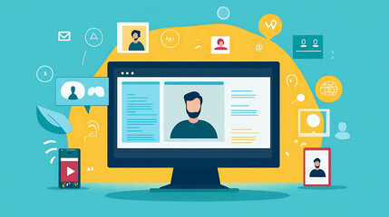 Illustration of a computer screen with a user profile, surrounded by icons representing various online activities.