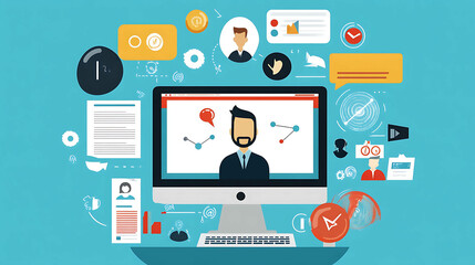 A flat design illustration of a computer screen with icons surrounding it.