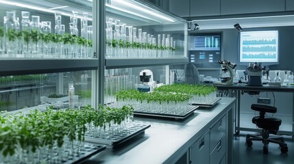A clean, modern laboratory with rows of Erlenmeyer flasks containing pea plants on shelves, surrounded by microscopes, pipettes