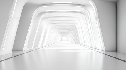 Fototapeta premium A futuristic white hallway with curved walls and a bright light at the end.