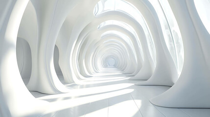 An abstract image of a white hallway with a tunnel of curved arches.