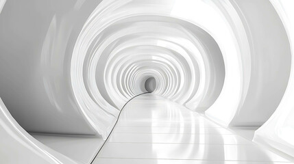 Abstract white tunnel with a glowing light at the end.