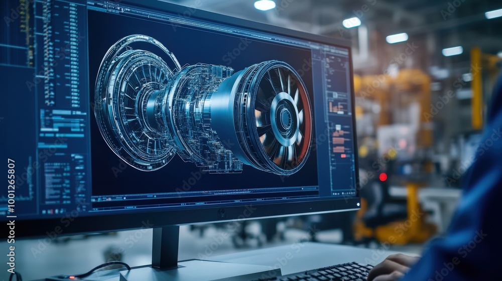 Poster a close-up of a computer monitor reveals 3d cad software featuring a prototype jet engine. specialis