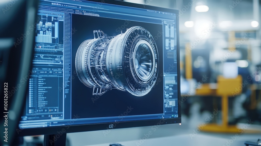 Poster a close-up of a computer monitor reveals 3d cad software featuring a prototype jet engine. specialis