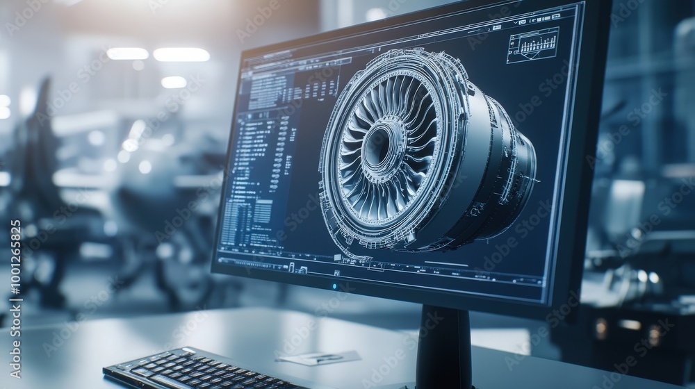 Poster a close-up of a computer monitor reveals 3d cad software featuring a prototype jet engine. specialis