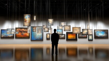 Man Viewing Illuminated Art Collection in Modern Gallery