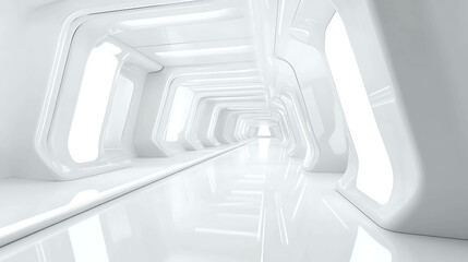 Obraz premium Abstract futuristic white hallway with glowing light at the end.