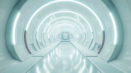 Fototapeta premium Futuristic, white tunnel with bright, glowing lights.