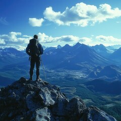 Mountain Peak Moment: Hiker's Tranquil Reflection Amidst Majestic Snow-Capped Landscapes.