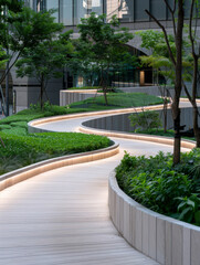Urban green pathway. City living. Innovative design blends nature with infrastructure. Pedestrians enjoy lush walkway, improving environmental quality. Sustainable urban planning creates healthie.