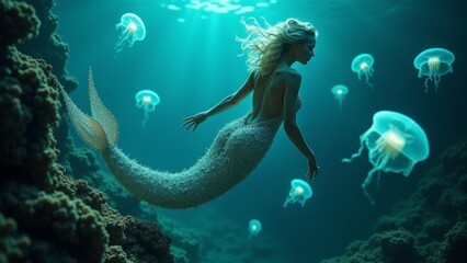 Generative AI, a woman in a mermaid costume is standing under jellyfish in the ocean with jellyfish in the water, underwater, a storybook illustration, magical realism
