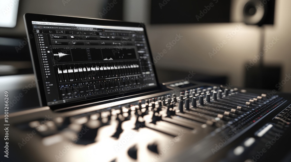 Poster a close-up of a modern recording studio control desk features a sleek laptop screen displaying a dig