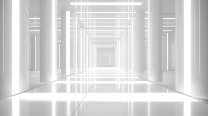 Obraz premium A futuristic, white corridor with glowing light panels and columns.