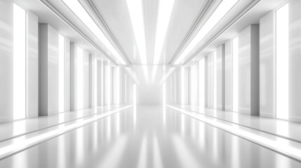 Fototapeta premium An empty, white, futuristic hallway with bright lights.