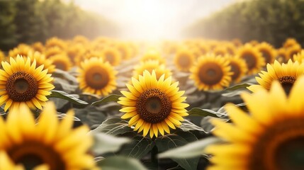Obraz premium Dense fog drifting through a sunflower maze, sunlight filtering through petals, 3D illustration