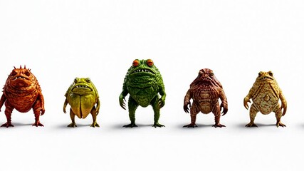 A lineup of six whimsical, differently colored cartoon frogs, perfect for concepts related to fantasy, adventure, and children's holidays