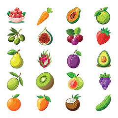 A large set of fruits and vegetables. Big set of delicious vegetables and fruits. Vector cartoon illustration