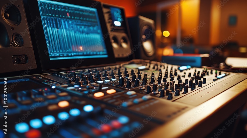 Poster a close-up of the recording studio control desk reveals a laptop screen running digital audio workst