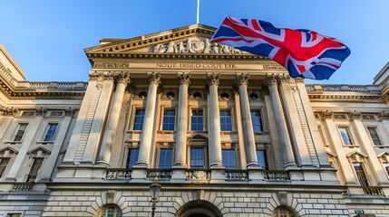 Obraz premium A grand building with classical architecture and a Union Jack flag waving in the foreground.