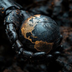 Fototapeta premium Futuristic robotic hand holding digital globe symbolizing global network