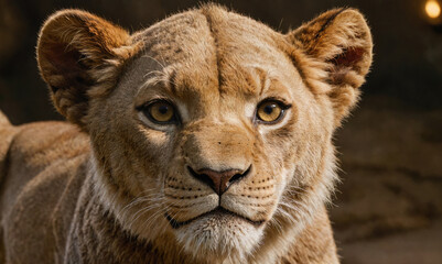 Obraz premium A young lioness looks intently at the camera in this close-up portrait taken during the golden hour