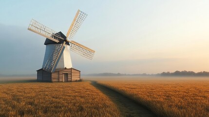 Fototapeta premium Drifting fog around windmill in countryside, golden fields and rustic charm, 3D illustration