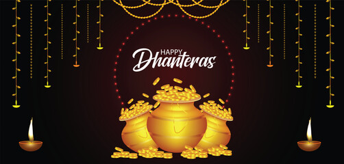 Happy Dhanteras Golden Pots with gold coins vector poster