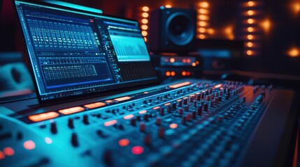 Obraz premium A close-up shot of a modern recording studio reveals a control desk with a laptop showcasing a digital audio workstation, working on sound design