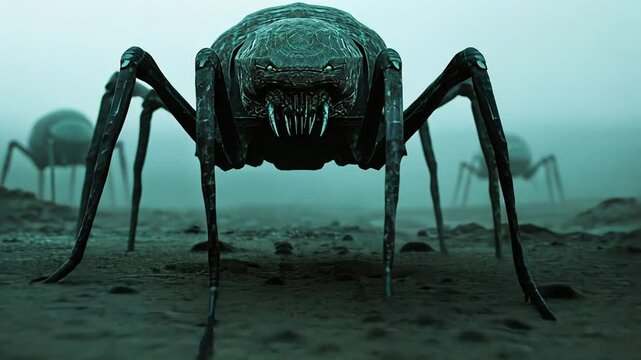 Giant alien spider creatures in a foggy, eerie landscape, perfect for Halloween, sci-fi, or horror themes