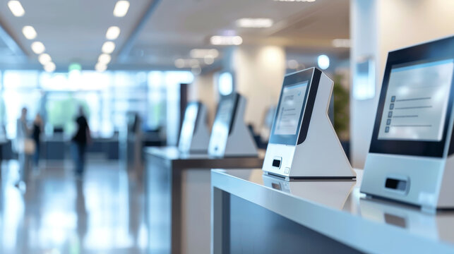 A public service office with automated systems to reduce human interaction. Use of technology to minimize opportunities for bribery. Digital government service center with automated systems.