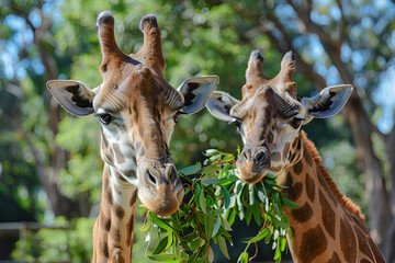 Group of giraffes standing tall in a natural environment, majestic giraffe family in the wild surrounded by lush greenery, wildlife photo capturing giraffes in their natural habitat