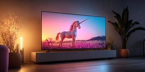 Majestic Unicorn Displayed on TV Screen in Modern Living Room