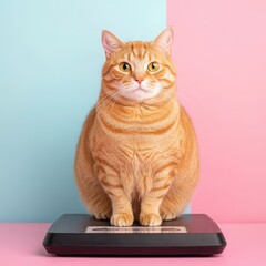 Obese Cat on Scale Representing Pet Weight Management
