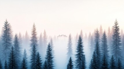 Drifting fog in dense pine forest, wolves howling in the distance, 3D illustration