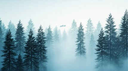 Fototapeta premium Drifting fog in dense pine forest, wolves howling in the distance, 3D illustration