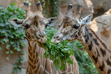 Group of giraffes standing tall in a natural environment, majestic giraffe family in the wild surrounded by lush greenery, wildlife photo capturing giraffes in their natural habitat