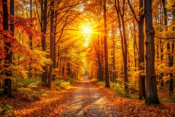Vibrant autumn foliage surrounds a serene forest trail, with golden light filtering through the trees, creating a cozy
