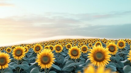 Fototapeta premium Drifting fog over a sunflower-covered hillside, golden petals glowing in soft light, 3D illustration